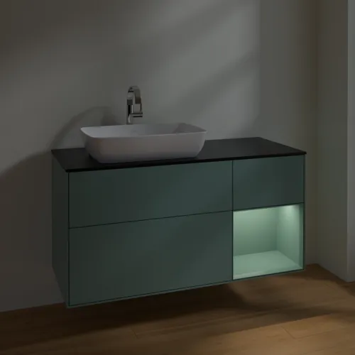 VILLEROY BOCH Toaletní skříňka Finion, s osvětlením, 3 výsuvy, 1200 x 603 x 501 mm, olivově matný lak / olivově matný lak / sklo černé matné #F812GMGM, obrázek 5