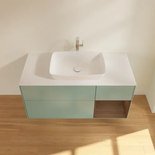VILLEROY BOCH Toaletní skříňka Finion, s osvětlením, 3 výsuvy, 1200 x 603 x 501 mm, olivový matný lak / ořechová dýha / sklo bílé matné #F831GNGM, obrázek 4