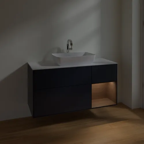 VILLEROY BOCH Toaletní skříňka Finion, s osvětlením, 3 výsuvy, 1200 x 603 x 501 mm, půlnočně modrý matný lak / ořechová dýha / bílé matné sklo #F831GNHG, obrázek 5