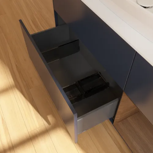 VILLEROY BOCH Toaletní skříňka Finion, s osvětlením, 3 výsuvy, 1200 x 603 x 501 mm, půlnočně modrý matný lak / ořechová dýha / bílé matné sklo #F831GNHG, obrázek 7