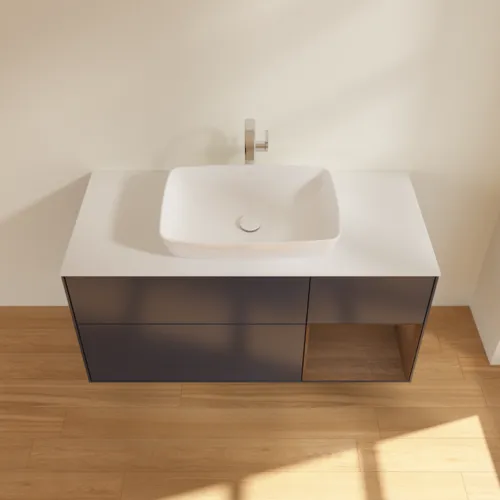 VILLEROY BOCH Toaletní skříňka Finion, s osvětlením, 3 výsuvy, 1200 x 603 x 501 mm, půlnočně modrý matný lak / ořechová dýha / bílé matné sklo #F831GNHG, obrázek 4