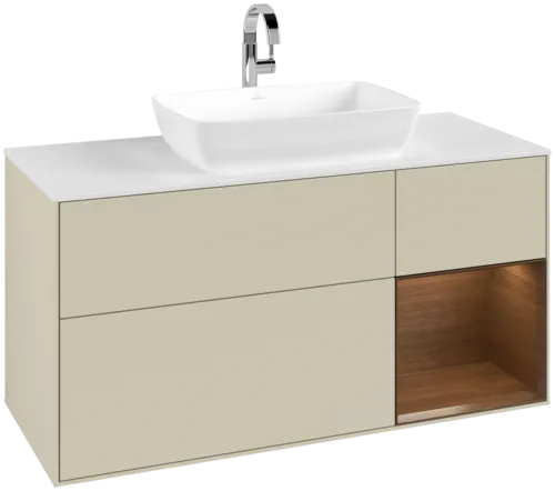 VILLEROY BOCH Toaletní skříňka Finion, s osvětlením, 3 výsuvy, 1200 x 603 x 501 mm, hedvábně šedý matný lak / ořechová dýha / sklo bílé matné #F831GNHJ