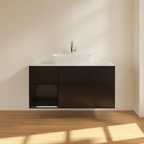 VILLEROY BOCH Toaletní skříňka Finion, s osvětlením, 3 výsuvy, 1200 x 603 x 501 mm, černý matný lak / černý matný lak / sklo bílé matné #F821PDPD, obrázek 3