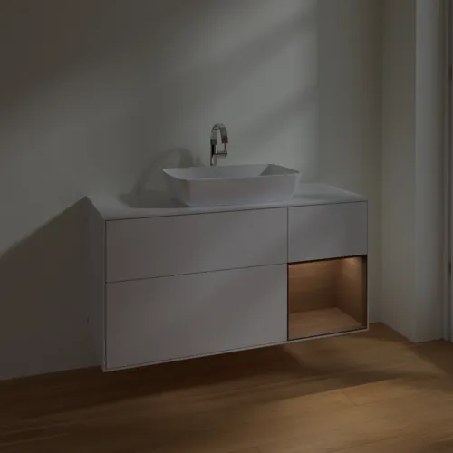 VILLEROY BOCH Toaletní skříňka Finion, s osvětlením, 3 výsuvy, 1200 x 603 x 501 mm, lesklý bílý lak / ořechová dýha / sklo bílé matné #F831GNGF, obrázek 5