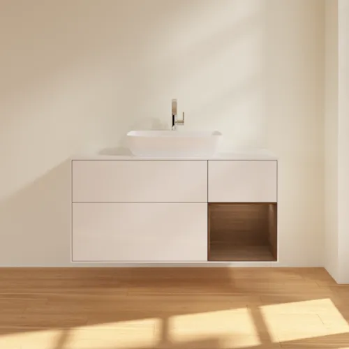 VILLEROY BOCH Toaletní skříňka Finion, s osvětlením, 3 výsuvy, 1200 x 603 x 501 mm, lesklý bílý lak / ořechová dýha / sklo bílé matné #F831GNGF, obrázek 3