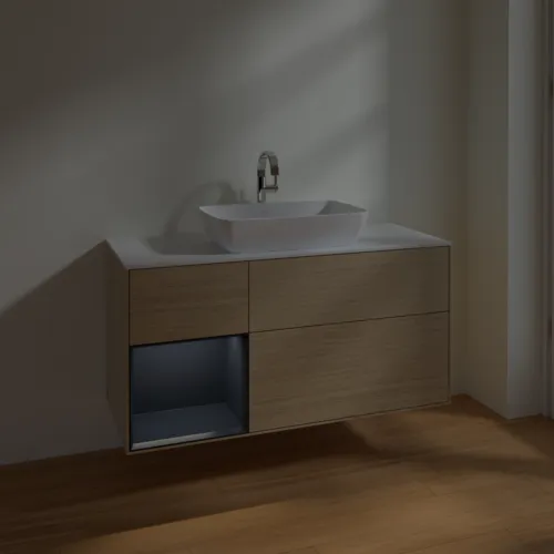 VILLEROY BOCH Toaletní skříňka Finion, s osvětlením, 3 výsuvy, 1200 x 603 x 501 mm, dubová dýha / půlnočně modrý matný lak / bílé matné sklo #F821HGPC, obrázek 5