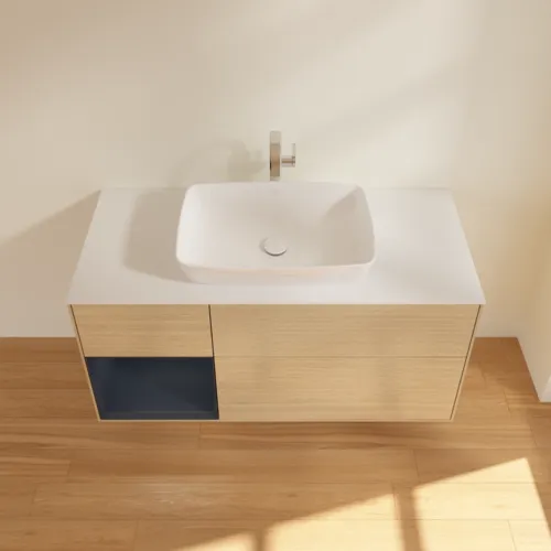 VILLEROY BOCH Toaletní skříňka Finion, s osvětlením, 3 výsuvy, 1200 x 603 x 501 mm, dubová dýha / půlnočně modrý matný lak / bílé matné sklo #F821HGPC, obrázek 4