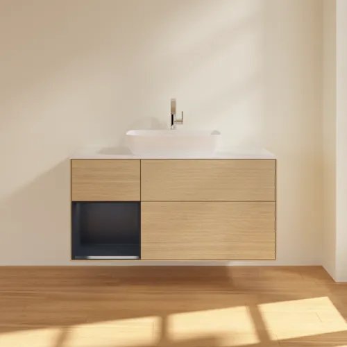 VILLEROY BOCH Toaletní skříňka Finion, s osvětlením, 3 výsuvy, 1200 x 603 x 501 mm, dubová dýha / půlnočně modrý matný lak / bílé matné sklo #F821HGPC, obrázek 3