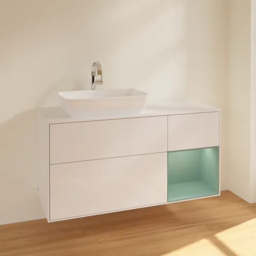 VILLEROY BOCH Toaletní skříňka Finion, s osvětlením, 3 výsuvy, 1200 x 603 x 501 mm, lesklý bílý lak / olivově matný lak / sklo bílé matné #F811GMGF, obrázek 2