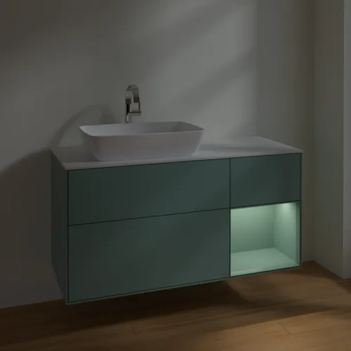 VILLEROY BOCH Toaletní skříňka Finion, s osvětlením, 3 výsuvy, 1200 x 603 x 501 mm, olivově matný lak / olivově matný lak / sklo bílé matné #F811GMGM, obrázek 5