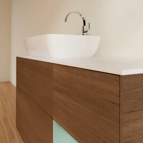 VILLEROY BOCH Toaletní stolek Finion, s osvětlením, 3 výsuvy, 1200 x 603 x 501 mm, ořechová dýha / olivový matný lak / sklo bílé matné #F811GMGN, obrázek 6