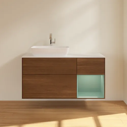 VILLEROY BOCH Toaletní stolek Finion, s osvětlením, 3 výsuvy, 1200 x 603 x 501 mm, ořechová dýha / olivový matný lak / sklo bílé matné #F811GMGN, obrázek 3