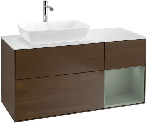 VILLEROY BOCH Toaletní stolek Finion, s osvětlením, 3 výsuvy, 1200 x 603 x 501 mm, ořechová dýha / olivový matný lak / sklo bílé matné #F811GMGN, obrázek 1