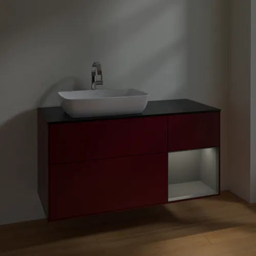VILLEROY BOCH Toaletní skříňka Finion, s osvětlením, 3 výsuvy, 1200 x 603 x 501 mm, Pivoňka matný lak / Antracit matný lak / Sklo černé matné #F812GKHB, obrázek 5