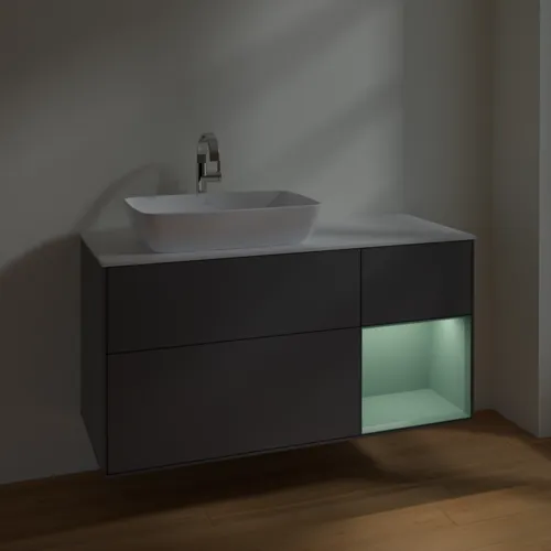 VILLEROY BOCH Toaletní skříňka Finion, s osvětlením, 3 výsuvy, 1200 x 603 x 501 mm, antracitový matný lak / olivový matný lak / bílé matné sklo #F811GMGK, obrázek 5