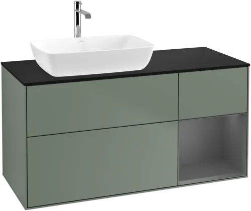 VILLEROY BOCH Toaletní skříňka Finion, s osvětlením, 3 výsuvy, 1200 x 603 x 501 mm, olivový matný lak / antracitový matný lak / černé matné sklo #F812GKGM, obrázek 1