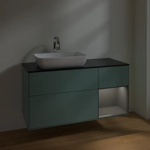 VILLEROY BOCH Toaletní skříňka Finion, s osvětlením, 3 výsuvy, 1200 x 603 x 501 mm, olivový matný lak / antracitový matný lak / černé matné sklo #F812GKGM, obrázek 5