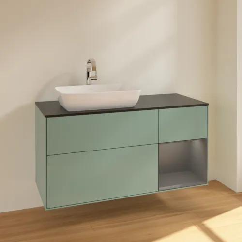 VILLEROY BOCH Toaletní skříňka Finion, s osvětlením, 3 výsuvy, 1200 x 603 x 501 mm, olivový matný lak / antracitový matný lak / černé matné sklo #F812GKGM, obrázek 2