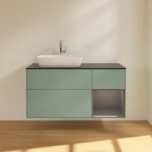 VILLEROY BOCH Toaletní skříňka Finion, s osvětlením, 3 výsuvy, 1200 x 603 x 501 mm, olivový matný lak / antracitový matný lak / černé matné sklo #F812GKGM, obrázek 3