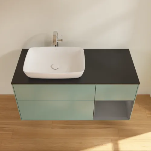 VILLEROY BOCH Toaletní skříňka Finion, s osvětlením, 3 výsuvy, 1200 x 603 x 501 mm, olivový matný lak / antracitový matný lak / černé matné sklo #F812GKGM, obrázek 4