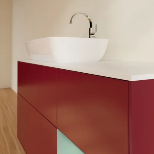 VILLEROY BOCH Toaletní skříňka Finion, s osvětlením, 3 výsuvy, 1200 x 603 x 501 mm, Pivoňka matný lak / Olivový matný lak / Sklo bílé matné #F811GMHB, obrázek 6