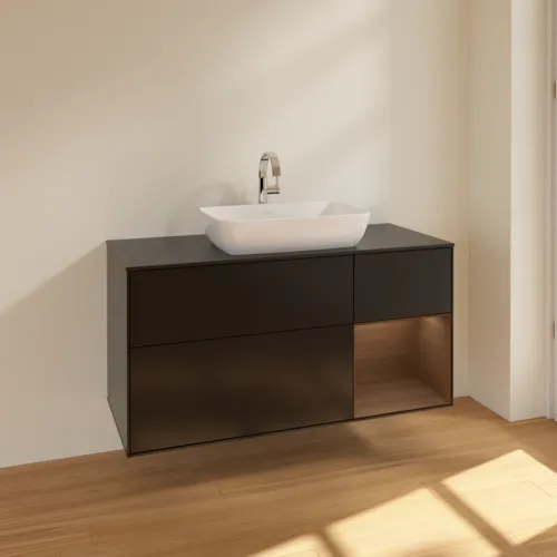 VILLEROY BOCH Toaletní skříňka Finion, s osvětlením, 3 výsuvy, 1200 x 603 x 501 mm, černý matný lak / ořechová dýha / černé matné sklo #F832GNPD, obrázek 2