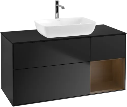 VILLEROY BOCH Toaletní skříňka Finion, s osvětlením, 3 výsuvy, 1200 x 603 x 501 mm, černý matný lak / ořechová dýha / černé matné sklo #F832GNPD