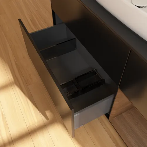 VILLEROY BOCH Toaletní skříňka Finion, s osvětlením, 3 výsuvy, 1200 x 603 x 501 mm, černý matný lak / ořechová dýha / černé matné sklo #F832GNPD, obrázek 7