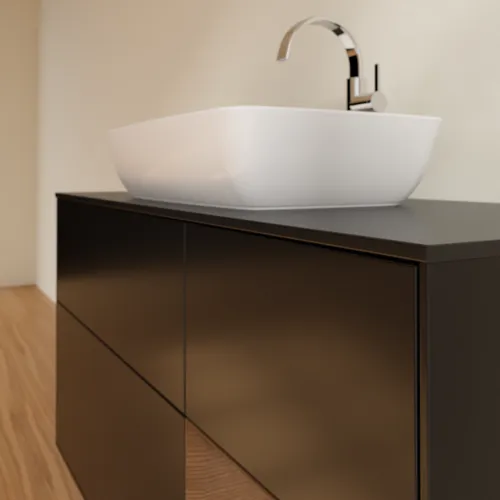 VILLEROY BOCH Toaletní skříňka Finion, s osvětlením, 3 výsuvy, 1200 x 603 x 501 mm, černý matný lak / ořechová dýha / černé matné sklo #F832GNPD, obrázek 6