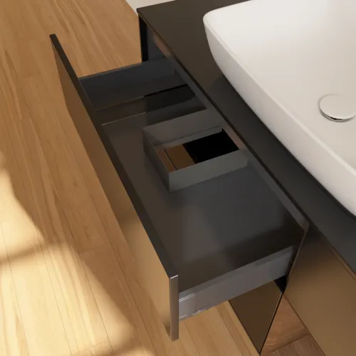VILLEROY BOCH Toaletní skříňka Finion, s osvětlením, 3 výsuvy, 1200 x 603 x 501 mm, černý matný lak / ořechová dýha / černé matné sklo #F832GNPD, obrázek 8
