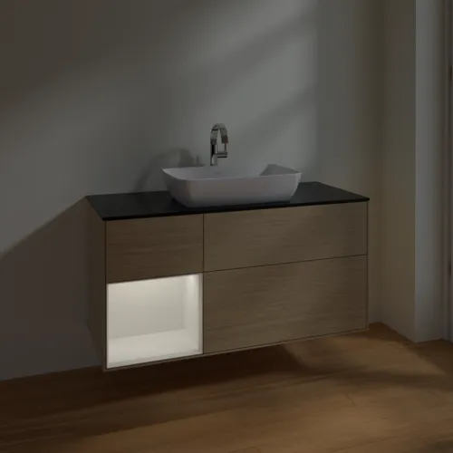VILLEROY BOCH Toaletní skříňka Finion, s osvětlením, 3 výsuvy, 1200 x 603 x 501 mm, dubová dýha / lesklý bílý lak / černé matné sklo #F822GFPC, obrázek 5
