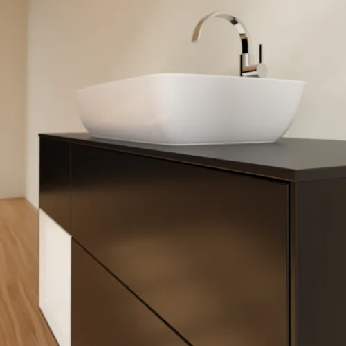 VILLEROY BOCH Toaletní skříňka Finion, s osvětlením, 3 výsuvy, 1200 x 603 x 501 mm, černý matný lak / bílý lesklý lak / černé matné sklo #F822GFPD, obrázek 6
