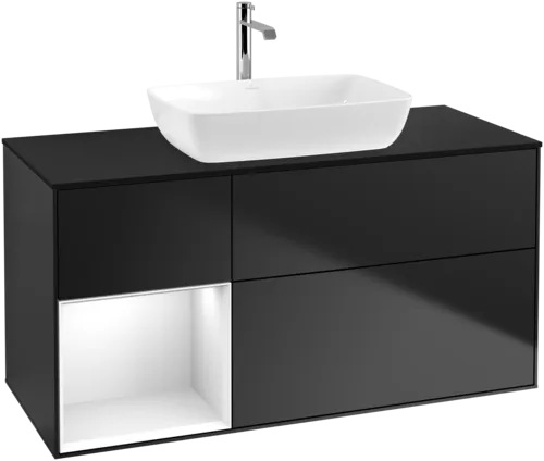 VILLEROY BOCH Toaletní skříňka Finion, s osvětlením, 3 výsuvy, 1200 x 603 x 501 mm, černý matný lak / bílý lesklý lak / černé matné sklo #F822GFPD