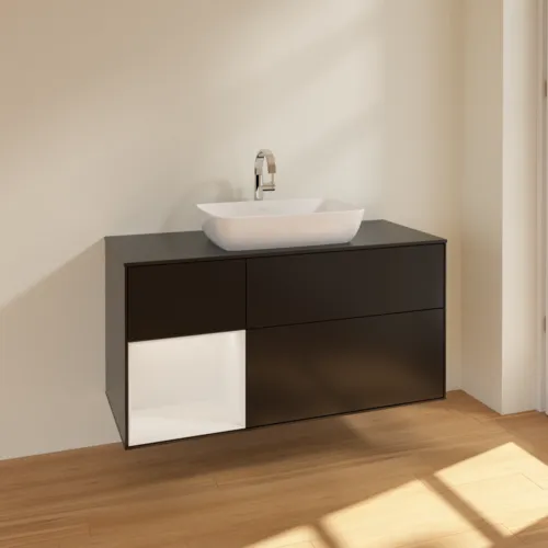 VILLEROY BOCH Toaletní skříňka Finion, s osvětlením, 3 výsuvy, 1200 x 603 x 501 mm, černý matný lak / bílý lesklý lak / černé matné sklo #F822GFPD, obrázek 2