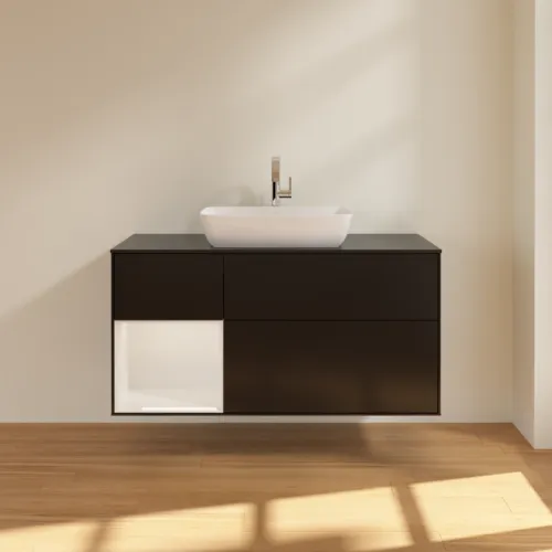 VILLEROY BOCH Toaletní skříňka Finion, s osvětlením, 3 výsuvy, 1200 x 603 x 501 mm, černý matný lak / bílý lesklý lak / černé matné sklo #F822GFPD, obrázek 3