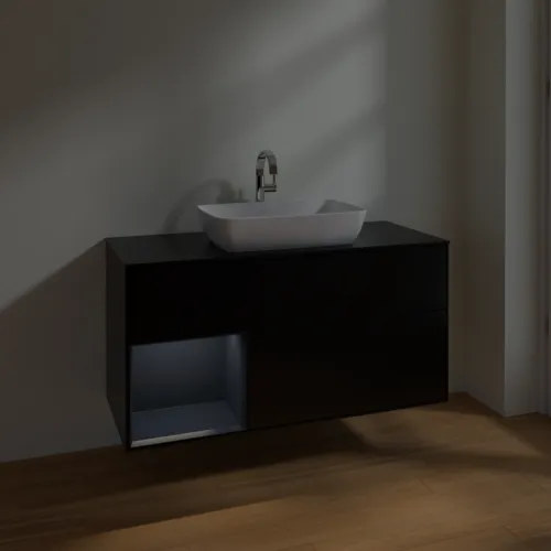 VILLEROY BOCH Toaletní skříňka Finion, s osvětlením, 3 výsuvy, 1200 x 603 x 501 mm, černý matný lak / půlnoční modrý matný lak / černé matné sklo #F822HGPD, obrázek 5