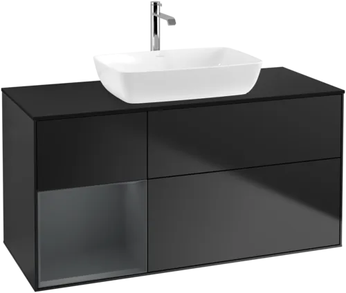 VILLEROY BOCH Toaletní skříňka Finion, s osvětlením, 3 výsuvy, 1200 x 603 x 501 mm, černý matný lak / půlnoční modrý matný lak / černé matné sklo #F822HGPD, obrázek 1