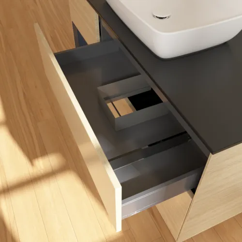 VILLEROY BOCH Toaletní skříňka Finion, s osvětlením, 3 výsuvy, 1200 x 603 x 501 mm, dubová dýha / půlnočně modrý matný lak / černé matné sklo #F822HGPC, obrázek 8