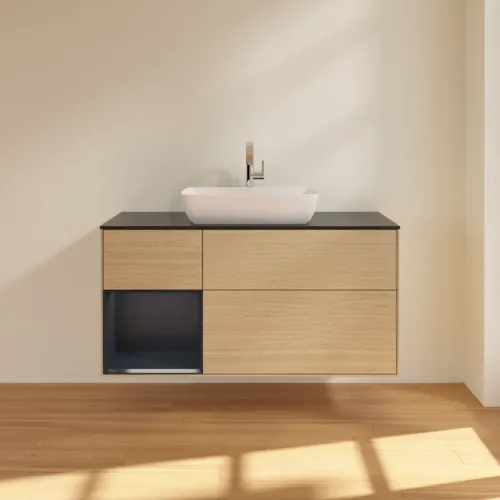 VILLEROY BOCH Toaletní skříňka Finion, s osvětlením, 3 výsuvy, 1200 x 603 x 501 mm, dubová dýha / půlnočně modrý matný lak / černé matné sklo #F822HGPC, obrázek 3