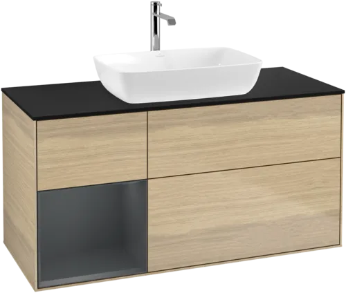 VILLEROY BOCH Toaletní skříňka Finion, s osvětlením, 3 výsuvy, 1200 x 603 x 501 mm, dubová dýha / půlnočně modrý matný lak / černé matné sklo #F822HGPC