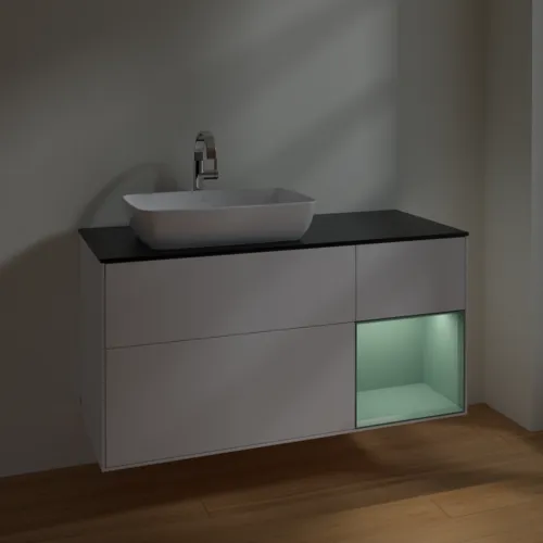 VILLEROY BOCH Toaletní skříňka Finion, s osvětlením, 3 výsuvy, 1200 x 603 x 501 mm, bílý matný lak / olivový matný lak / černé matné sklo #F812GMMT, obrázek 5