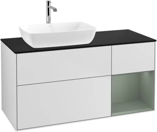 VILLEROY BOCH Toaletní skříňka Finion, s osvětlením, 3 výsuvy, 1200 x 603 x 501 mm, bílý matný lak / olivový matný lak / černé matné sklo #F812GMMT