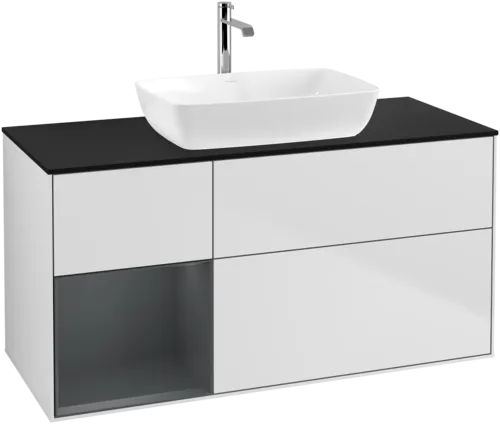 VILLEROY BOCH Toaletní skříňka Finion, s osvětlením, 3 výsuvy, 1200 x 603 x 501 mm, bílý matný lak / půlnoční modrý matný lak / černé matné sklo #F822HGMT, obrázek 1