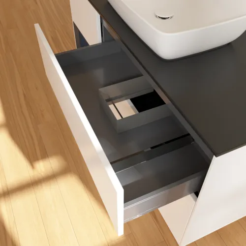 VILLEROY BOCH Toaletní skříňka Finion, s osvětlením, 3 výsuvy, 1200 x 603 x 501 mm, bílý matný lak / půlnoční modrý matný lak / černé matné sklo #F822HGMT, obrázek 8