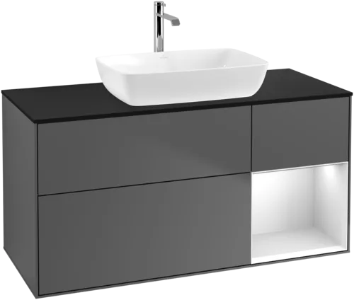 VILLEROY BOCH Toaletní skříňka Finion, s osvětlením, 3 výsuvy, 1200 x 603 x 501 mm, antracitový matný lak / bílý matný lak / černé matné sklo #F832MTGK, obrázek 1