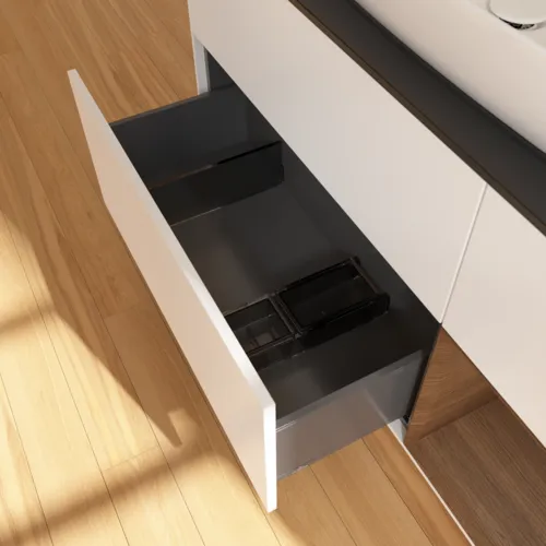 VILLEROY BOCH Toaletní skříňka Finion, s osvětlením, 3 výsuvy, 1200 x 603 x 501 mm, bílý matný lak / ořechová dýha / černé matné sklo #F832GNMT, obrázek 7