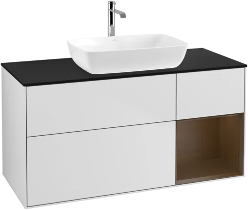 VILLEROY BOCH Toaletní skříňka Finion, s osvětlením, 3 výsuvy, 1200 x 603 x 501 mm, bílý matný lak / ořechová dýha / černé matné sklo #F832GNMT