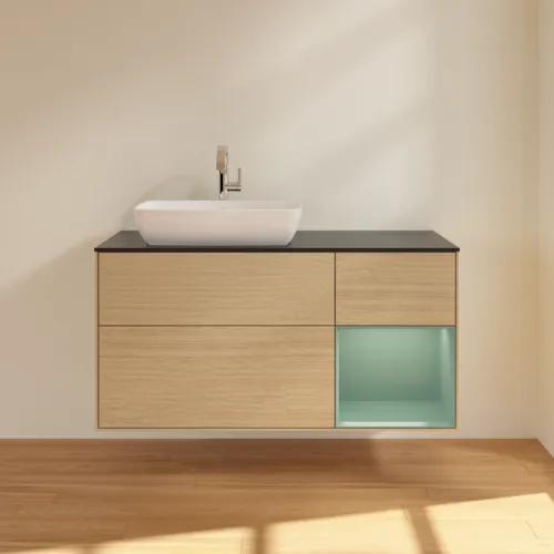 VILLEROY BOCH Toaletní skříňka Finion, s osvětlením, 3 výsuvy, 1200 x 603 x 501 mm, dubová dýha / olivově matný lak / sklo černé matné #F812GMPC, obrázek 3