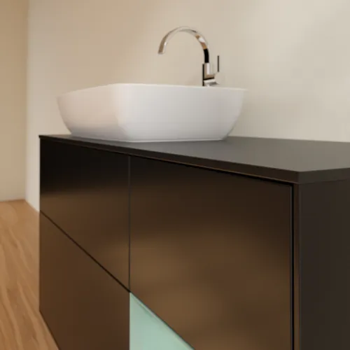 VILLEROY BOCH Toaletní skříňka Finion, s osvětlením, 3 výsuvy, 1200 x 603 x 501 mm, černý matný lak / olivový matný lak / černé matné sklo #F812GMPD, obrázek 6