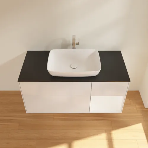 VILLEROY BOCH Toaletní skříňka Finion, s osvětlením, 3 výsuvy, 1200 x 603 x 501 mm, lesklý bílý lak / bílý matný lak / sklo černé matné #F832MTGF, obrázek 4